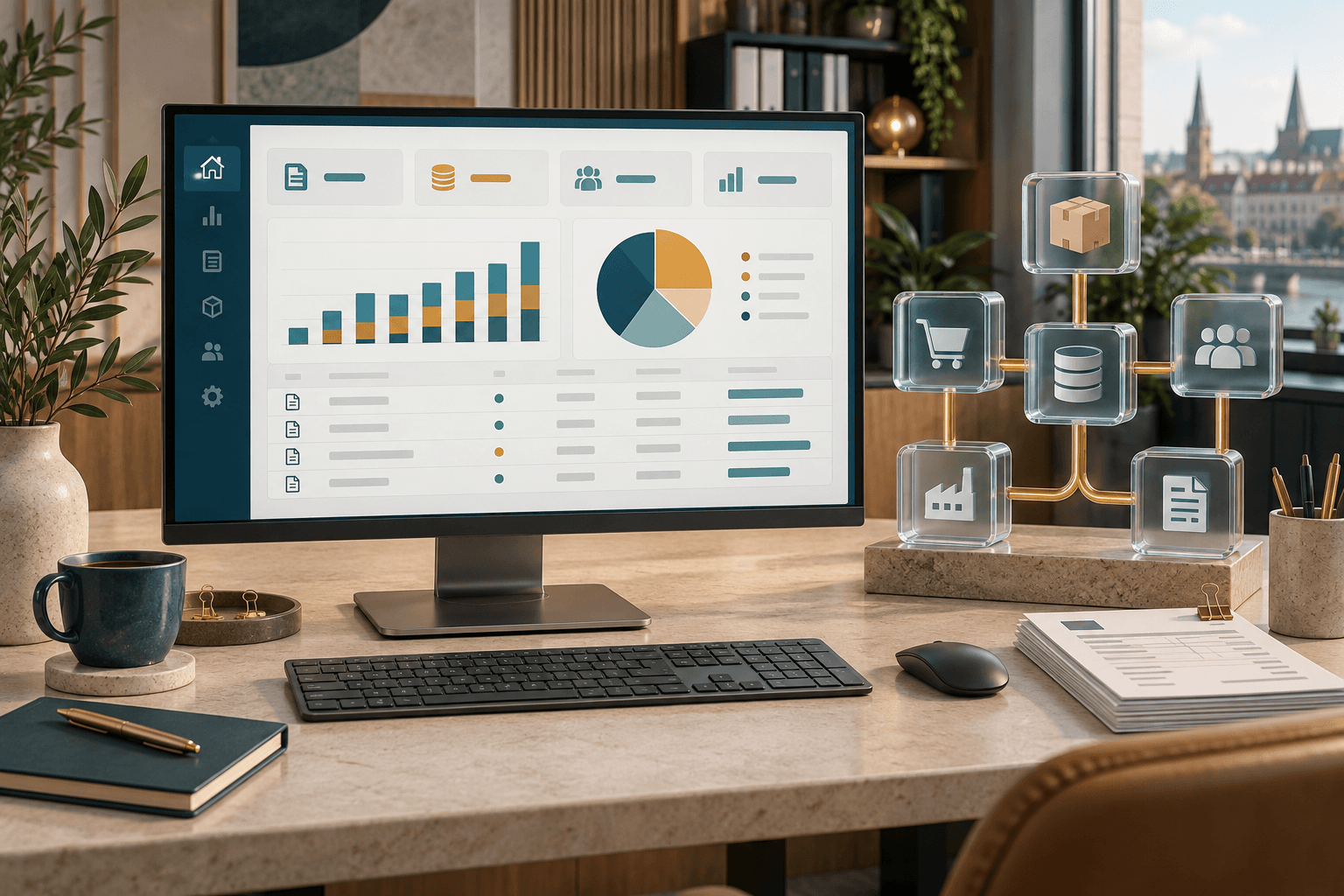Ilustracja programów biznesowych: monitor z panelem finansowym, dokumenty i moduły integracji danych.