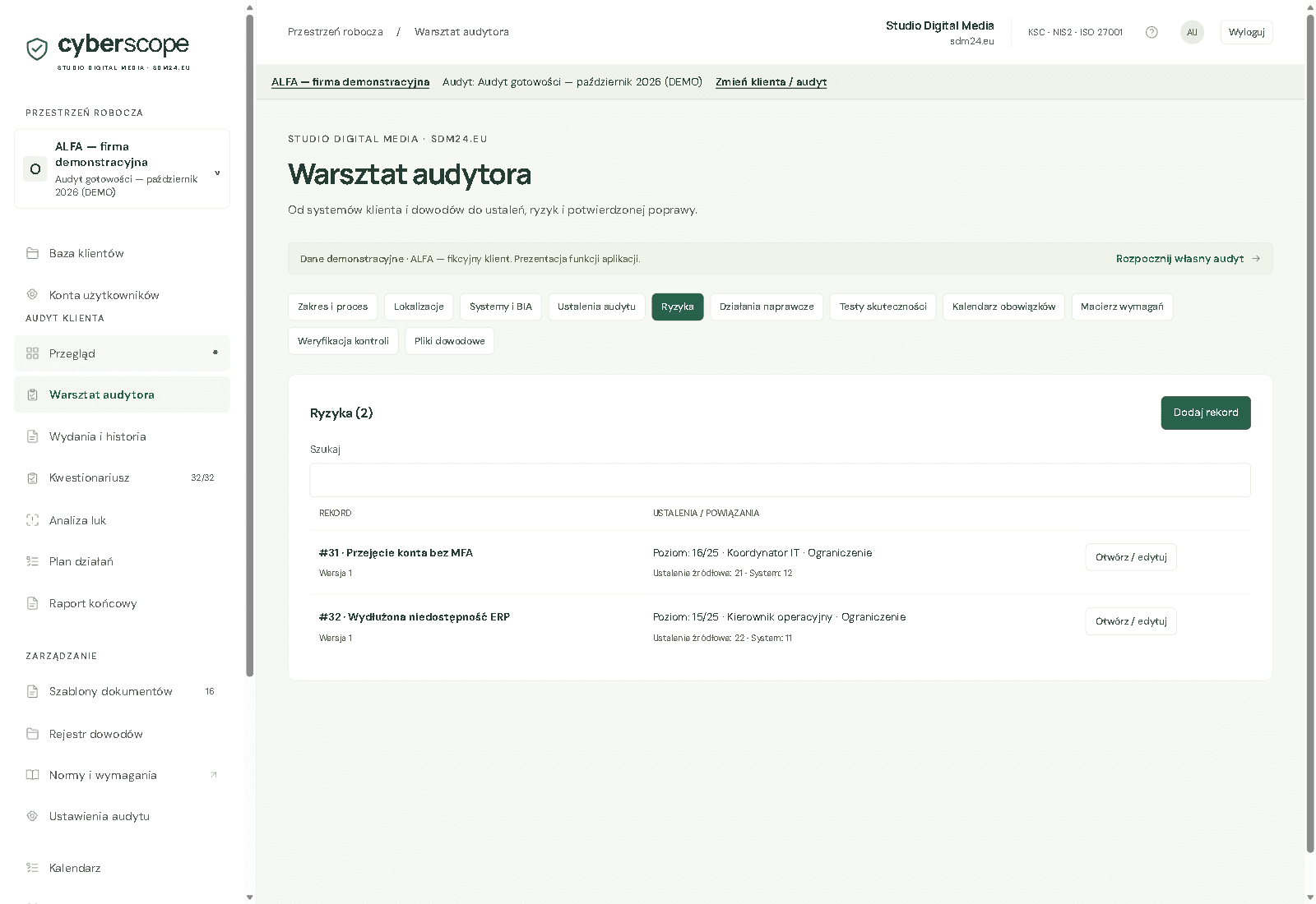 Przykładowe ryzyka wraz z właścicielami, poziomami oraz powiązaniami z systemami i ustaleniami.