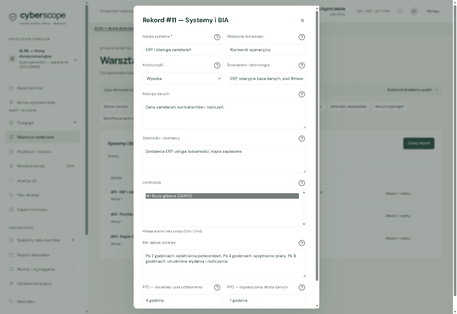 Przykładowy system ERP z opisem wpływu przerwy oraz celami odtwarzania RTO i RPO.