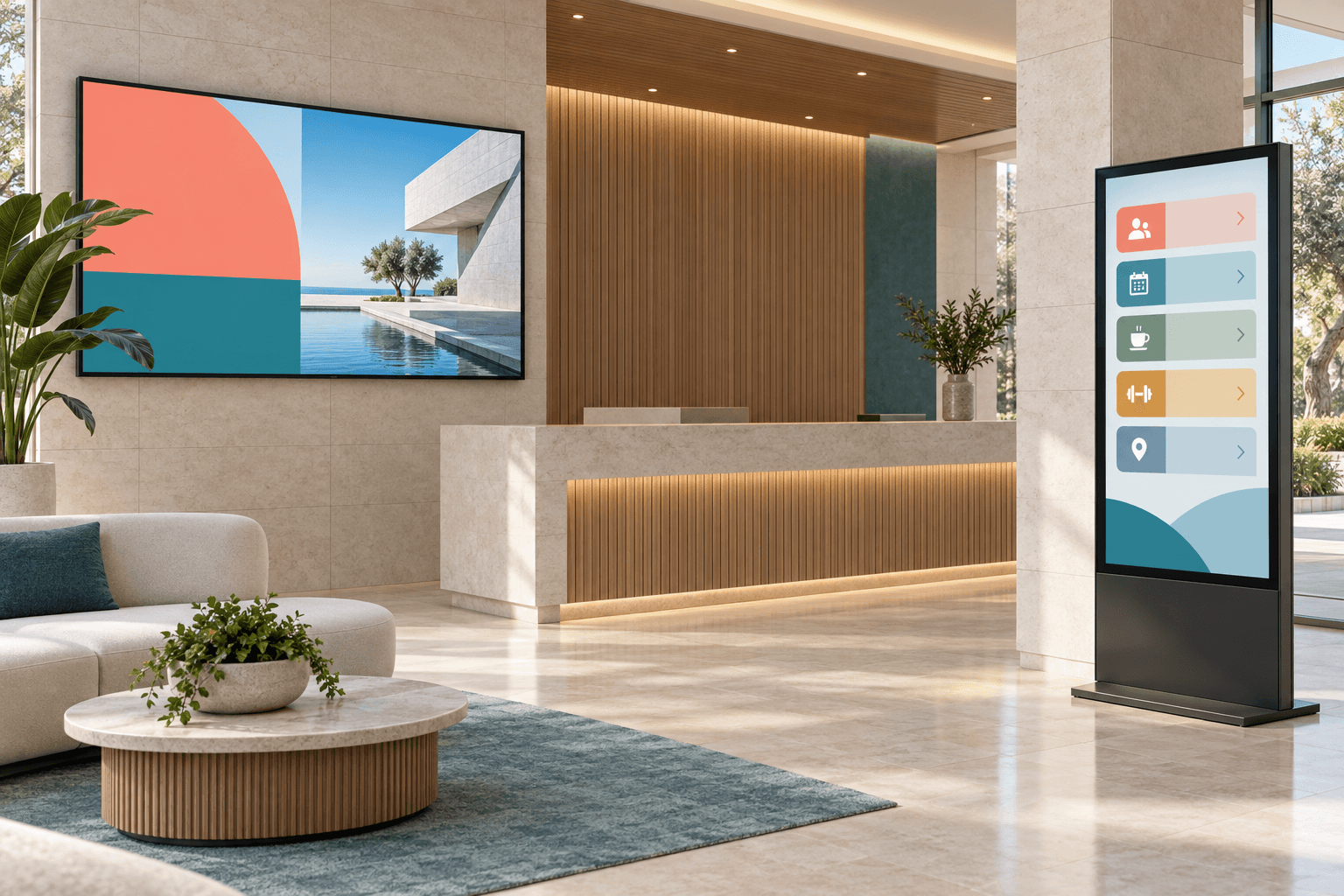 Ilustracja Digital Signage: ekran informacyjny w recepcji oraz pionowy kiosk z komunikatami.