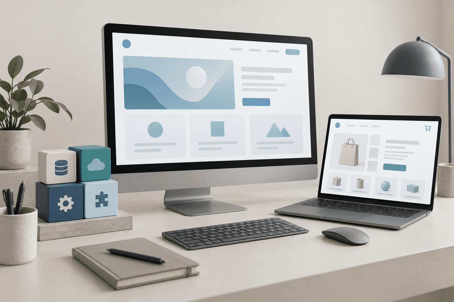 Ilustracja wdrażania stron internetowych i sklepów: monitor, laptop i moduły oprogramowania.