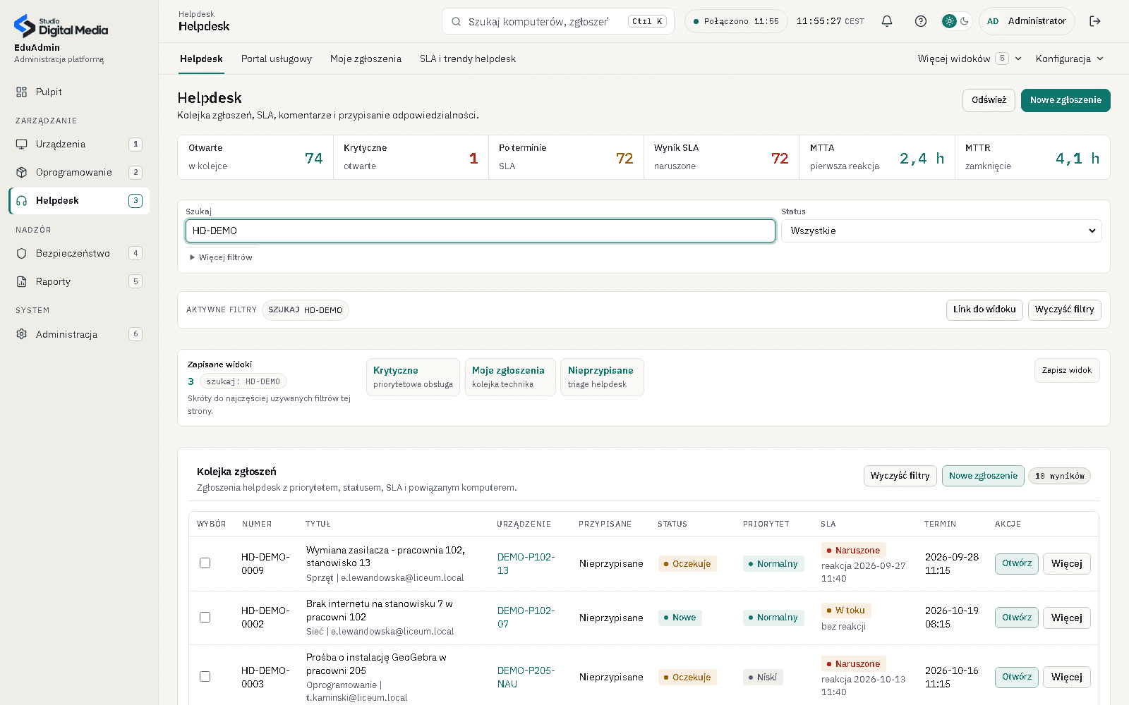 EduAdmin: kolejka zgłoszeń helpdesk z priorytetami, statusami i terminami SLA.