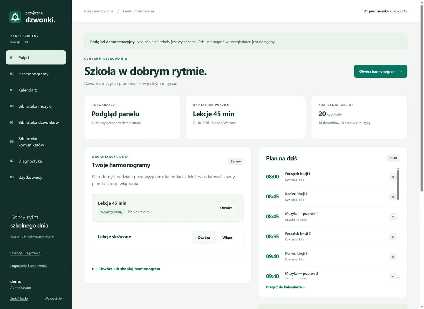 Pulpit Przyjaznych Dzwonków z planem dnia i harmonogramami.