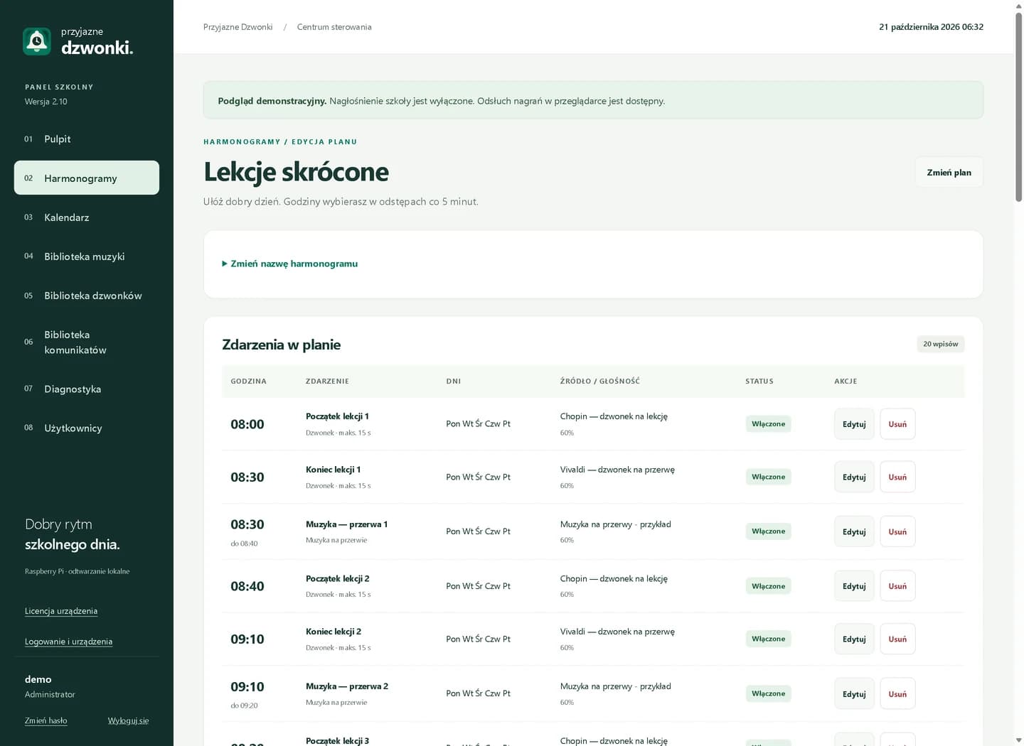 Tabela zdarzeń harmonogramu lekcji skróconych.