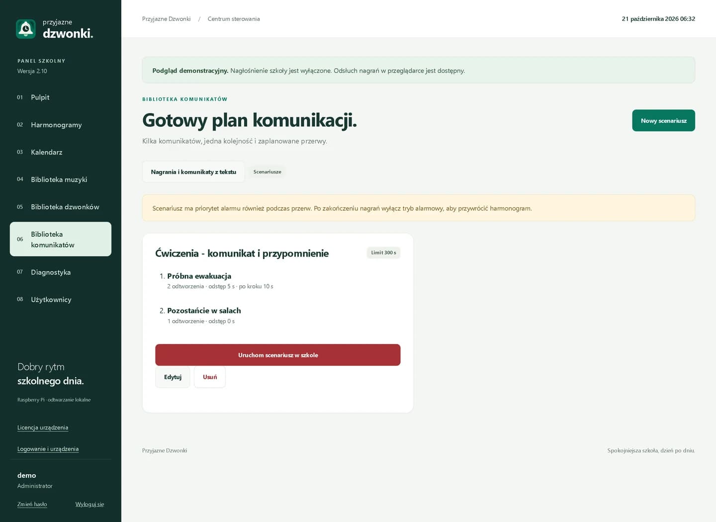Przykładowy scenariusz łączący dwa komunikaty z powtórzeniami i przerwą.