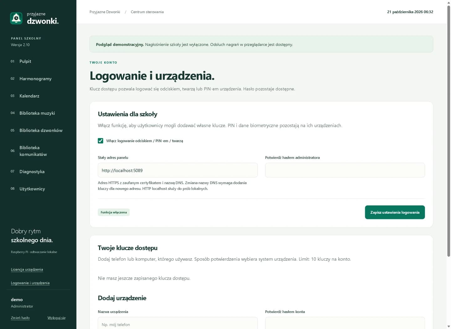 Panel ustawień kluczy dostępu do logowania odciskiem, PIN-em lub twarzą.