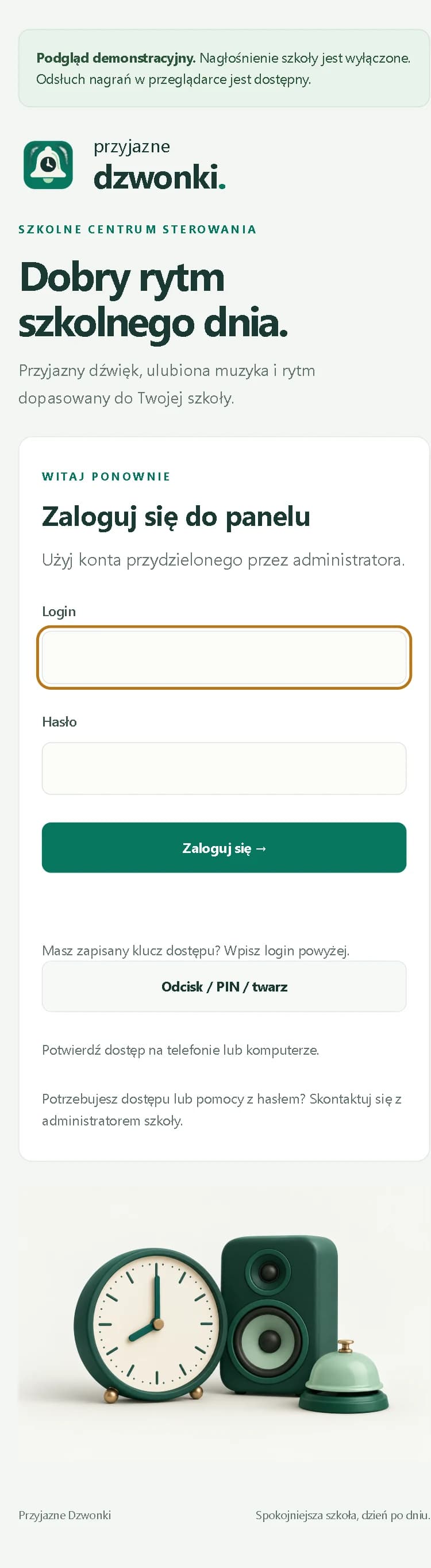 Ekran logowania Przyjaznych Dzwonków na telefonie z opcją klucza dostępu.